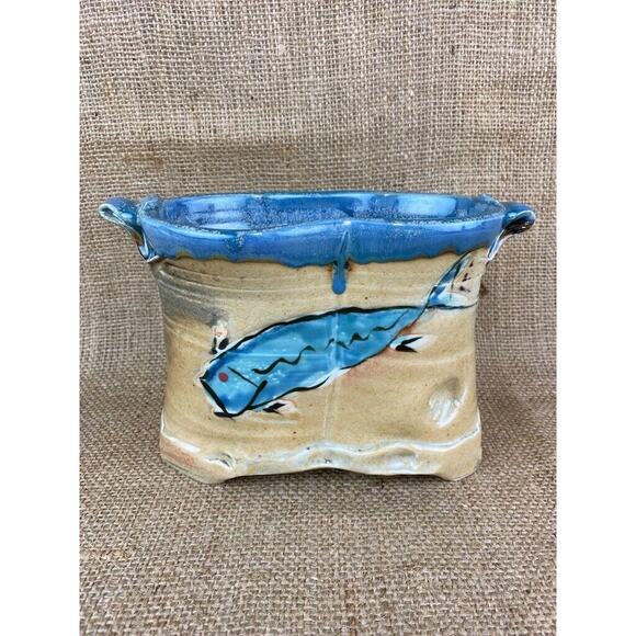Hand Thrown Hand Painted Ceramic Utensil Caddy Holder Fish Shells - Picture 5 of 8
